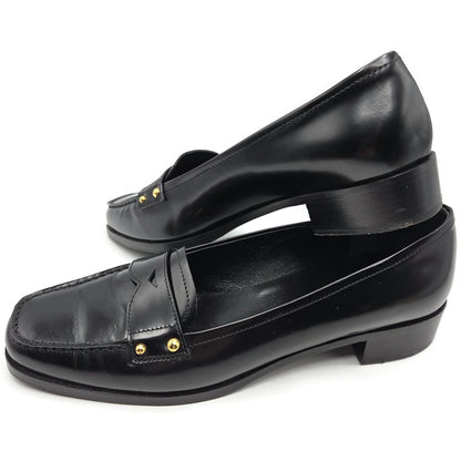 Prada Black Leather Loafer 1D9558 Gold Studs Flats Square Toe Womens Size EU 39