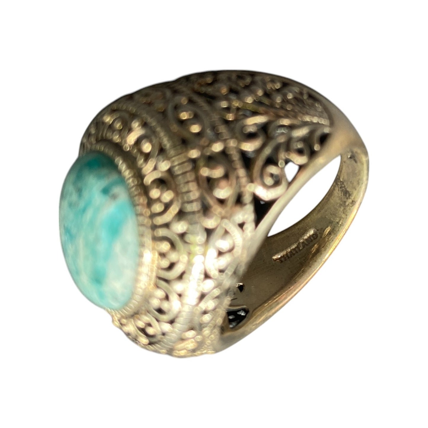 925 Sterling Silver Ring Blue Amazonite Gemstone Dome Made in Thailand Size 7