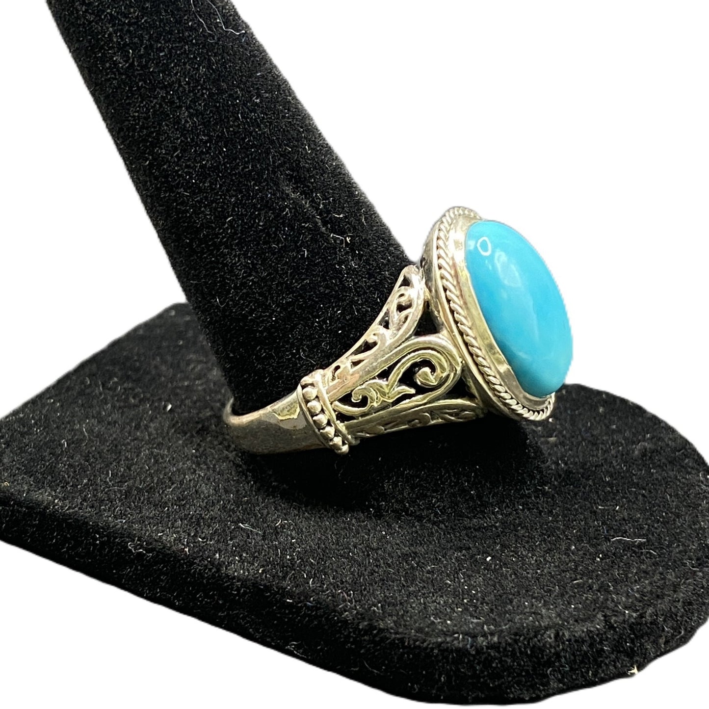 925 Sterling Silver Filigree Oval Turquoise Gemstone Cocktail Ring Size 8 3/4