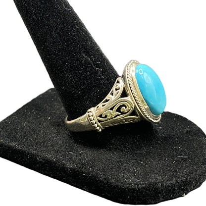 925 Sterling Silver Filigree Oval Turquoise Gemstone Cocktail Ring Size 8 3/4