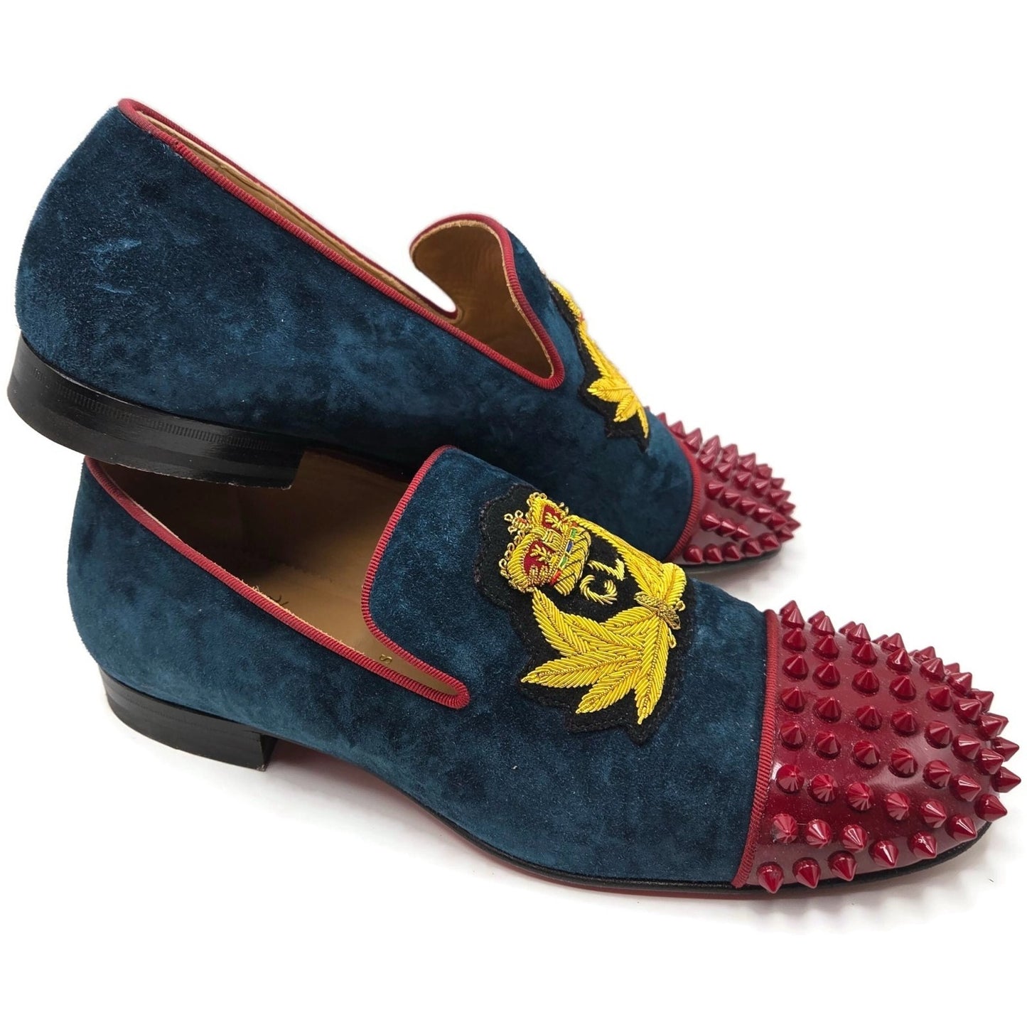 Christian Louboutin Harvanana Flat Veau Velours Blue Size 39 Spikes Crest Loafer