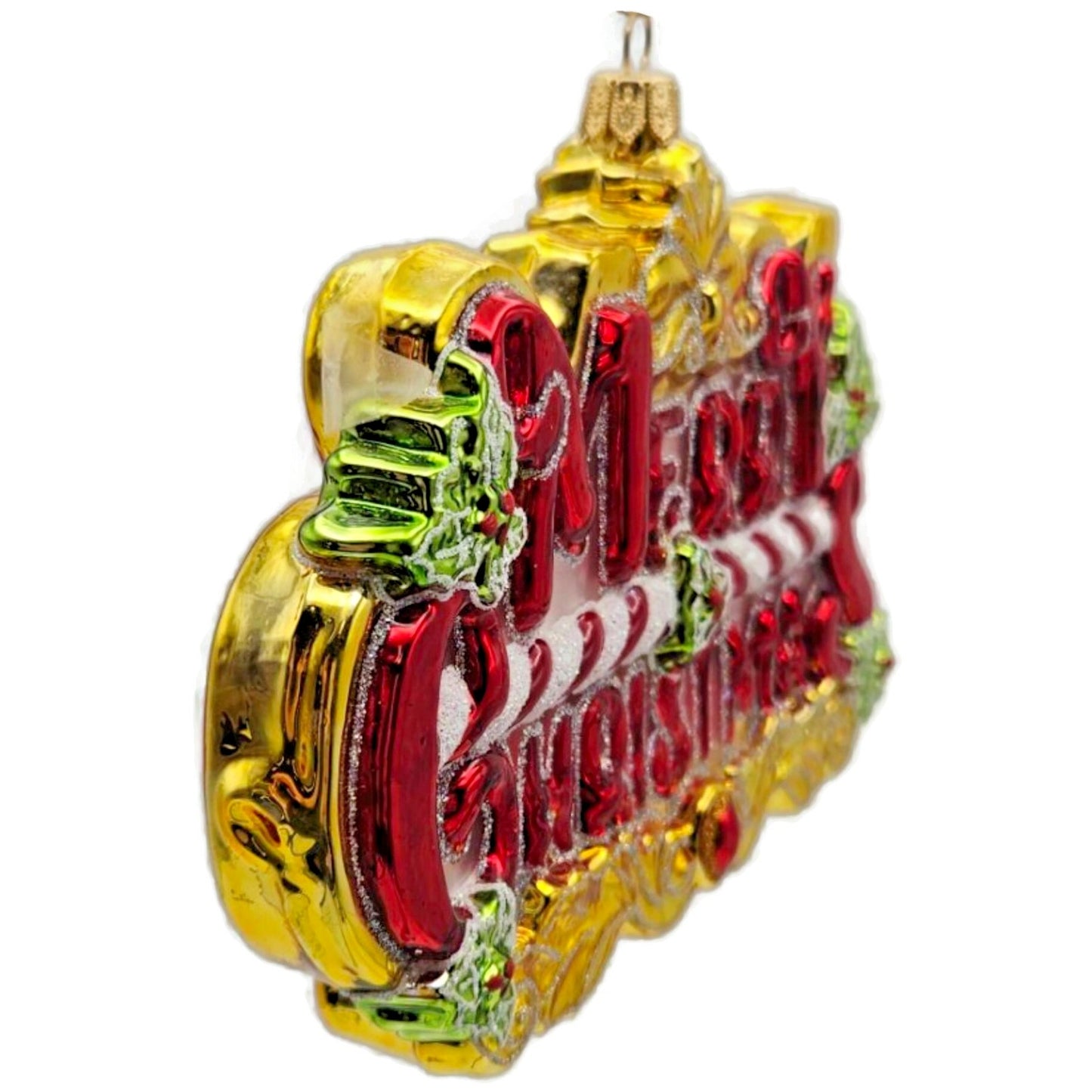 Heartfully Yours Radko Sign of Cheer Merry Christmas Holly Glass Ornament 30194