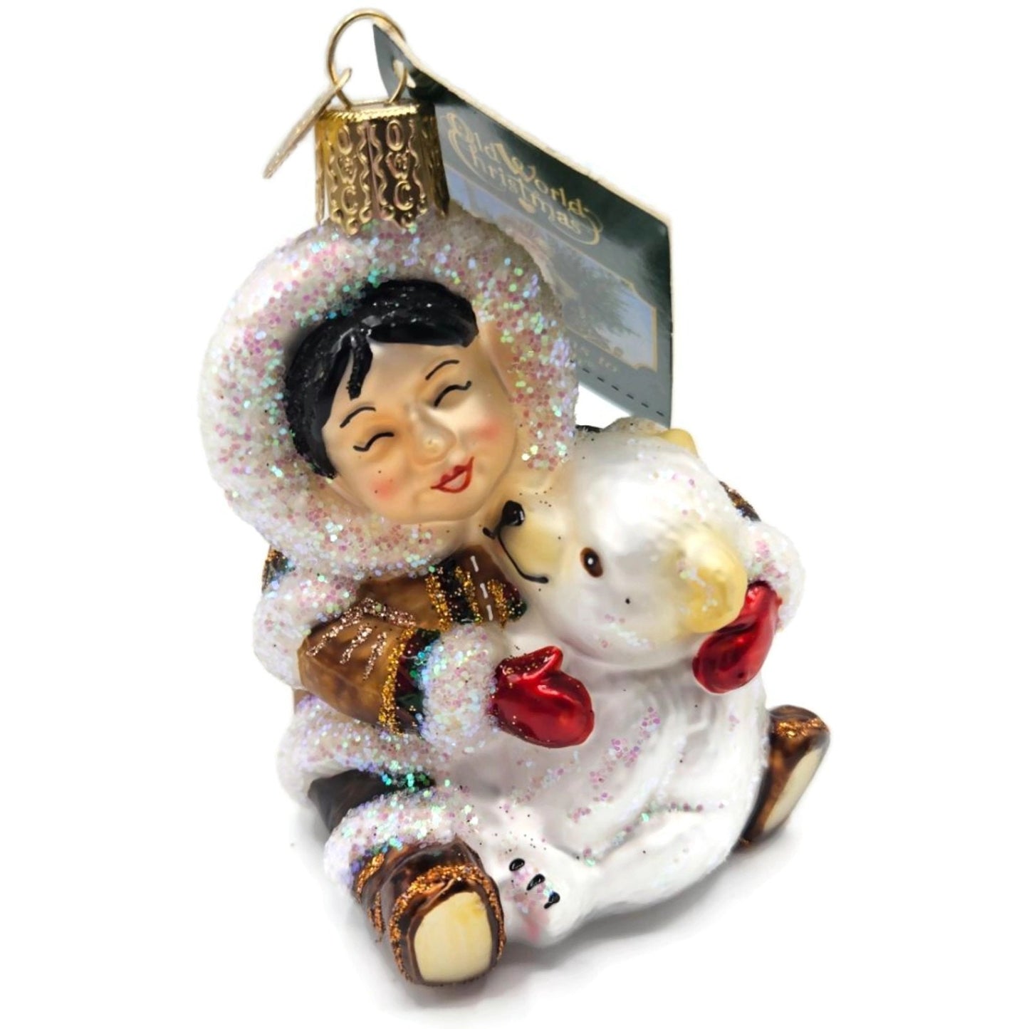 Eskimo Giggles Hugging Polar Bear Cub Old World Christmas Tree Ornament OWC