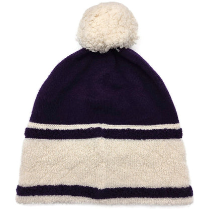 Chanel CC Logo Cashmere Beanie Hat Purple White Pom Pom Great Britain Rare