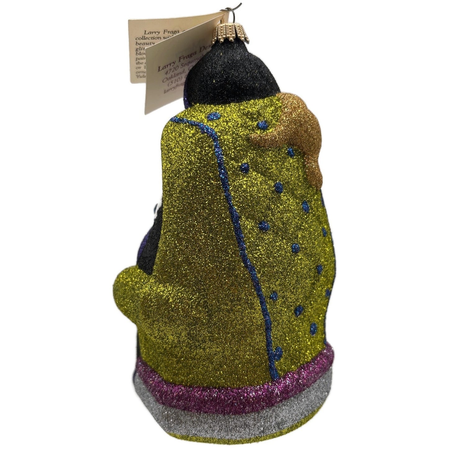 Larry Fraga Settling In Black Santa Claus Brown Bear Glitter Christmas Ornament