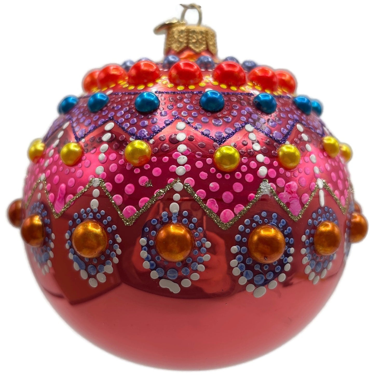 Glitter Lab Coral Mandala Ball Polka Dots Red Gold Christmas Tree Ornament