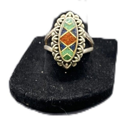 Carolyn Pollack 925 Sterling Silver Ring Oval Mosaic Multistone Chips Size 8