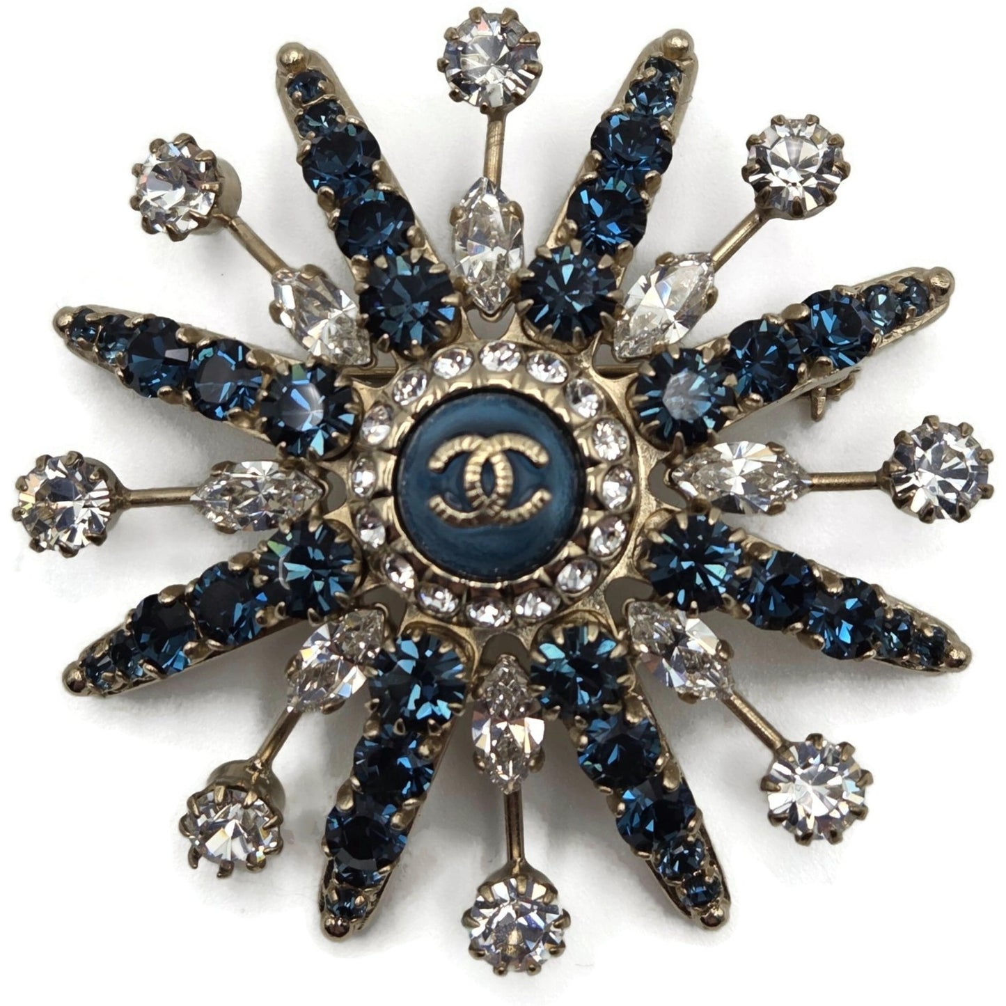 CoCo Chanel Starburst Brooch Blue Crystal Rhinestone Gold Tone Pin with Box Rare