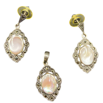 Mother Of Pearl Oval Pendant Earrings Set Marcasite Crystal 925 Sterling Silver