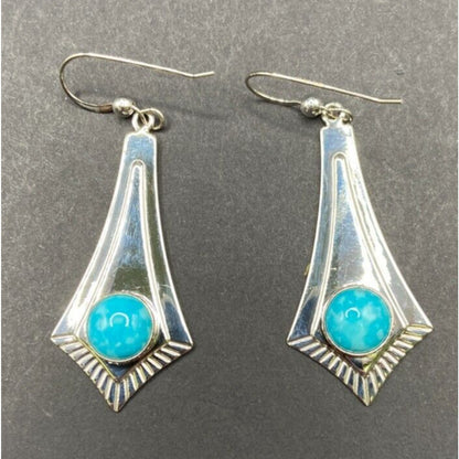 Turquoise Fish Hook Dangle Earrings Round Gemstone Silver Tone Metal