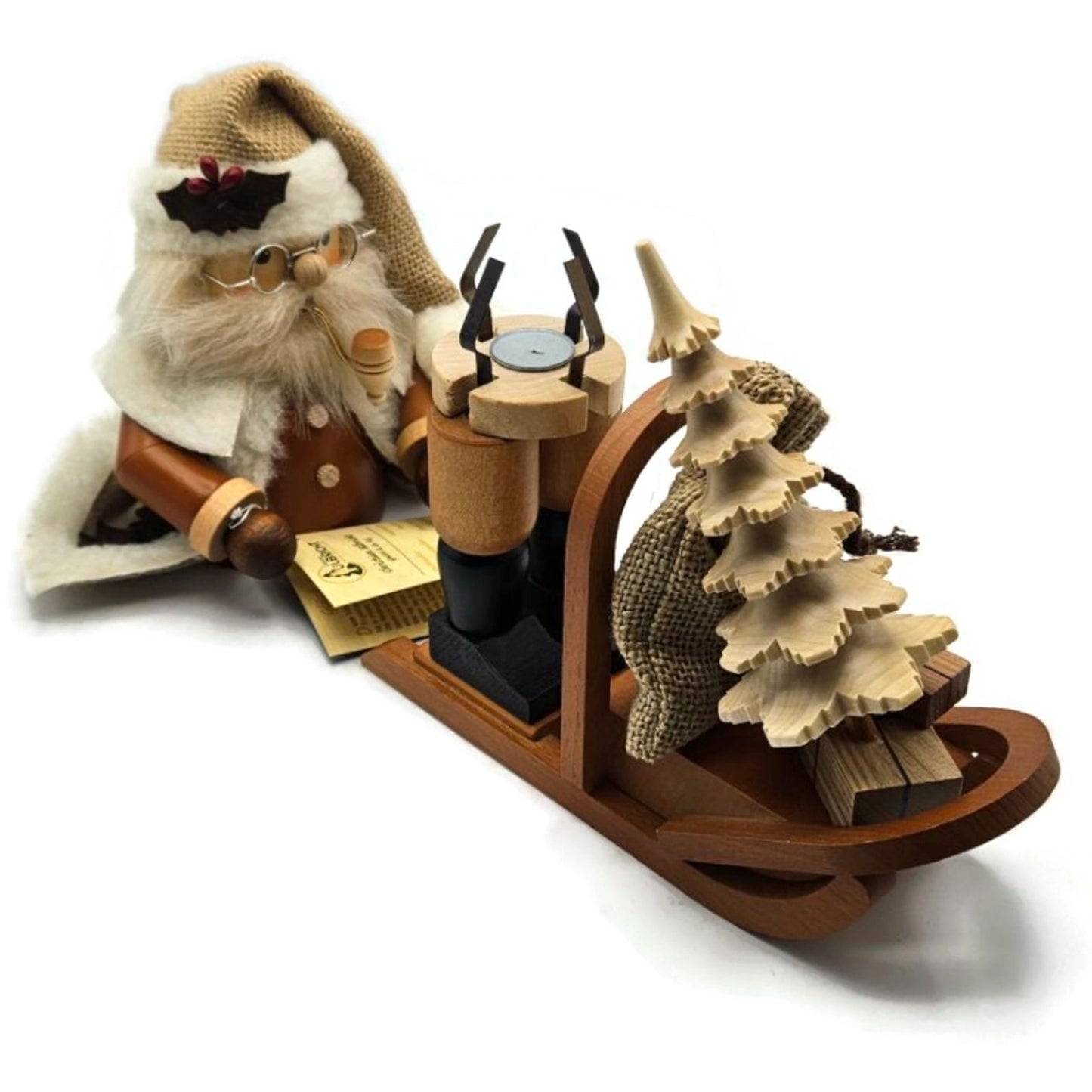 Christian Ulbricht Natural Santa on Sled Smoker Handcrafted Germany Wooden Figur