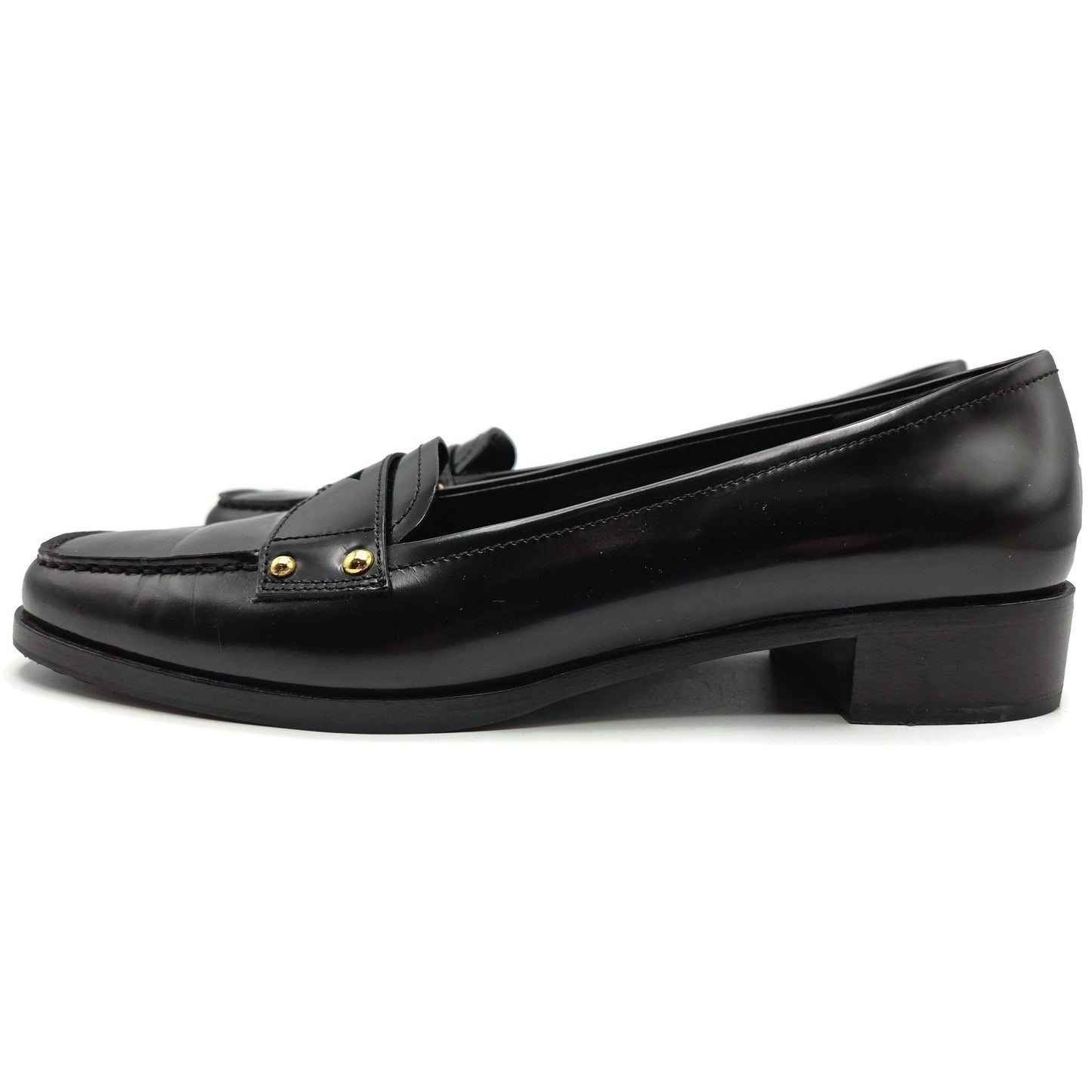 Prada Black Leather Loafer 1D9558 Gold Studs Flats Square Toe Womens Size EU 39