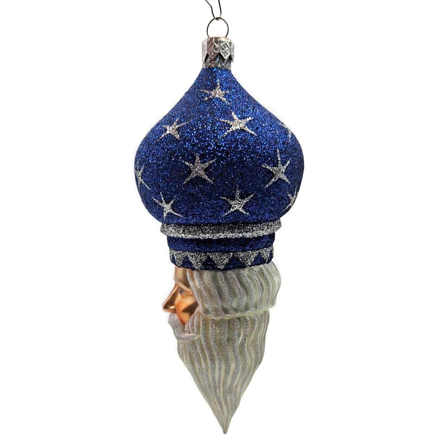 Patricia Breen Nuit Noel Blue Silver Stars Santa Head Christmas Tree Ornament