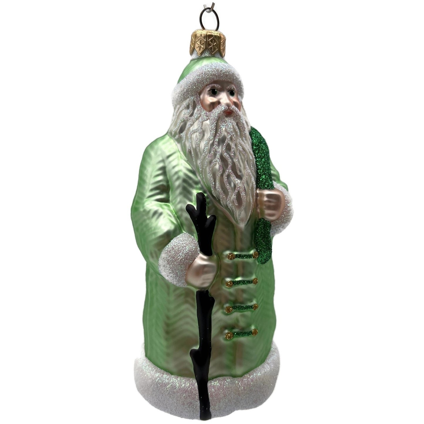 Patricia Breen Santa of the Mead Green White Trim Black Staff Christmas Ornament