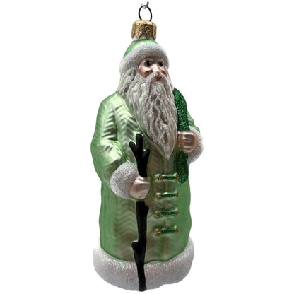 Patricia Breen Santa of the Mead Green White Trim Black Staff Christmas Ornament