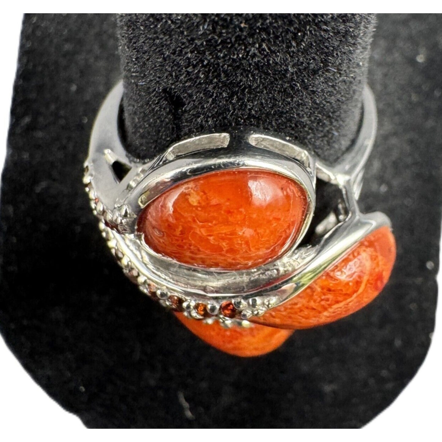 NF 925 Signed Sterling Silver Ring Teardrop Shape Sponge Coral Rhinestone Size 7