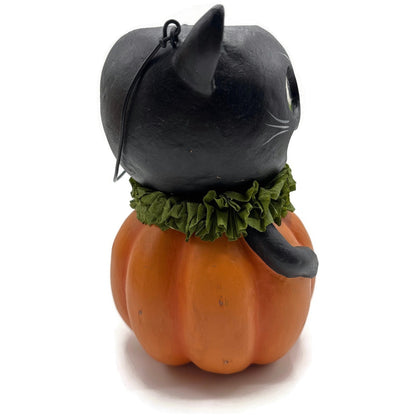 Bethany Lowe Halloween Vintage Style Black Cat in Pumpkin Bucket Paper Pulp New
