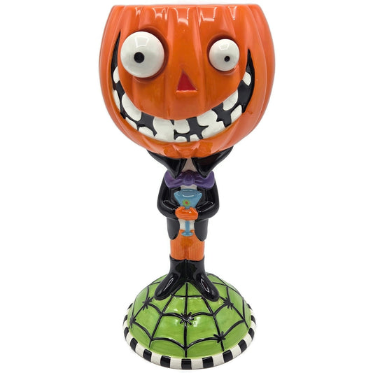 Department 56 Halloween Google Eye Pumpkin Head Goblet Ceramic Dish Spider Web