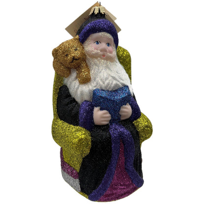 Larry Fraga Settling In Black Santa Claus Brown Bear Glitter Christmas Ornament