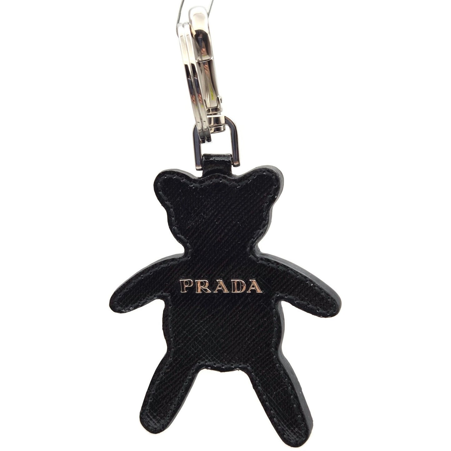 Prada Teddy Bear Keychain Purse Charm Beige Black Saffiano Leather with Crystals