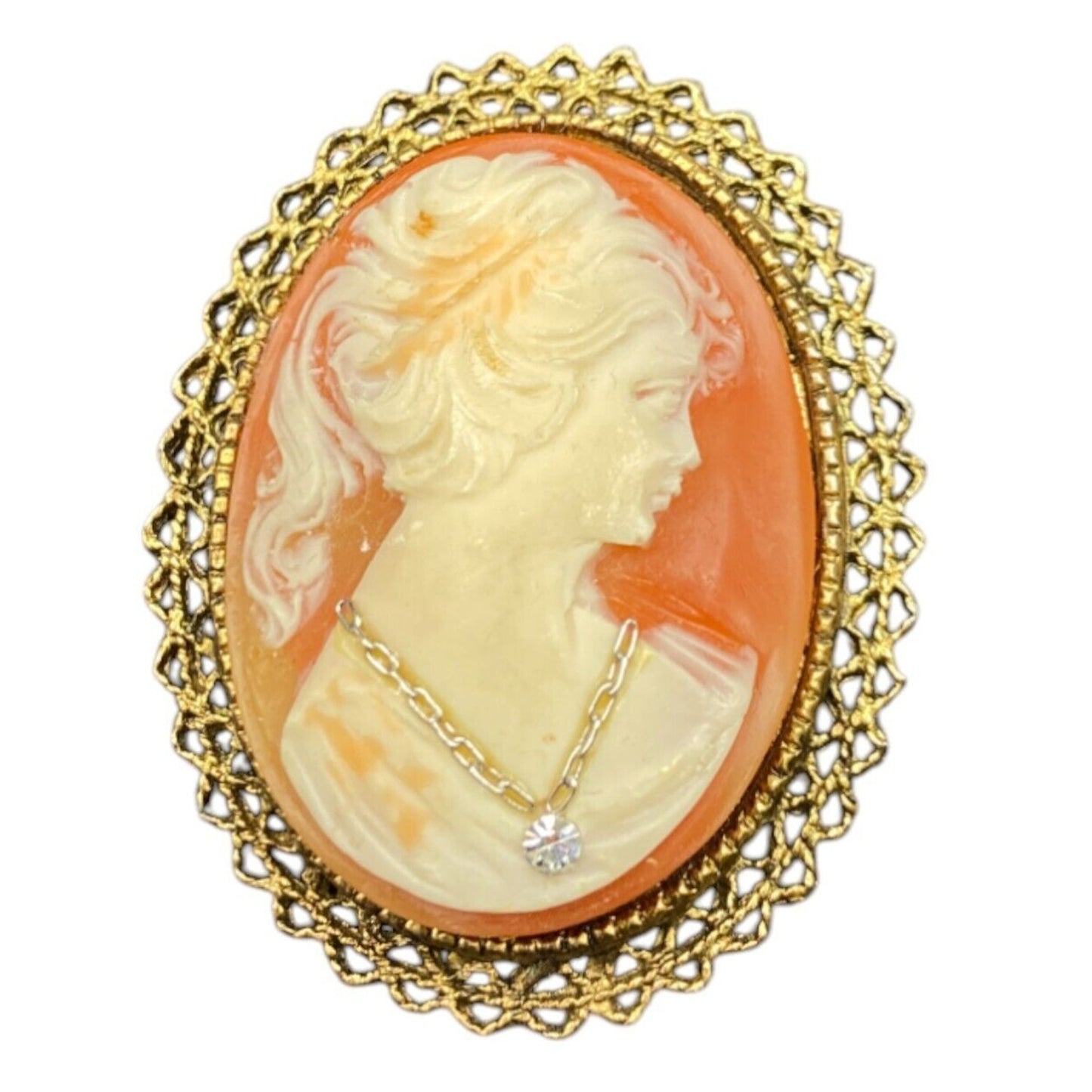 Vintage Cameo Brooch Lady Necklace Mid Century Oval Gold Tone Metal Filigree