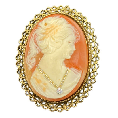 Vintage Cameo Brooch Lady Necklace Mid Century Oval Gold Tone Metal Filigree