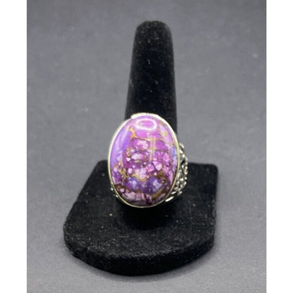 Purple Turquoise Ring Stone Oval Cabochon Filigree 925 Sterling Silver Size 8