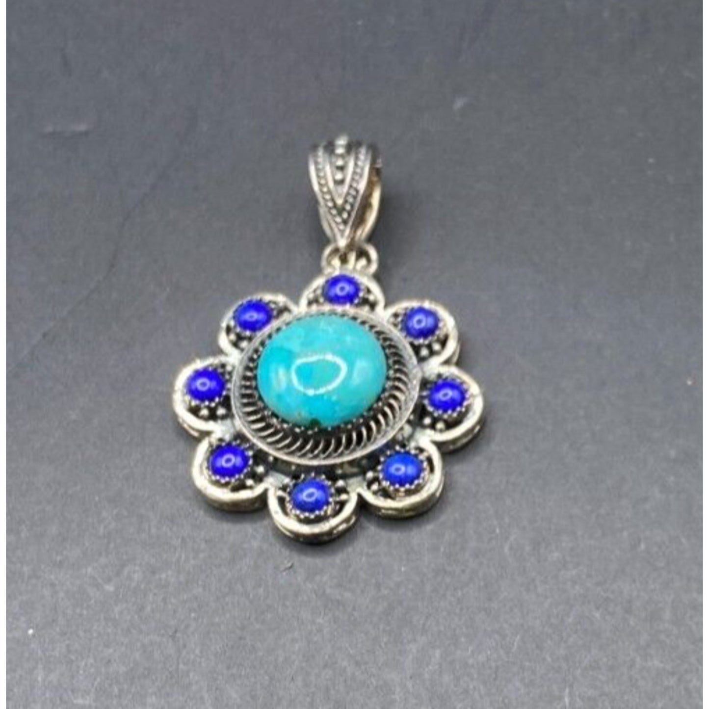 Turquoise Lapis Lazuli Pendant Crystal Stone Flower Silver Tone Metal Filigree