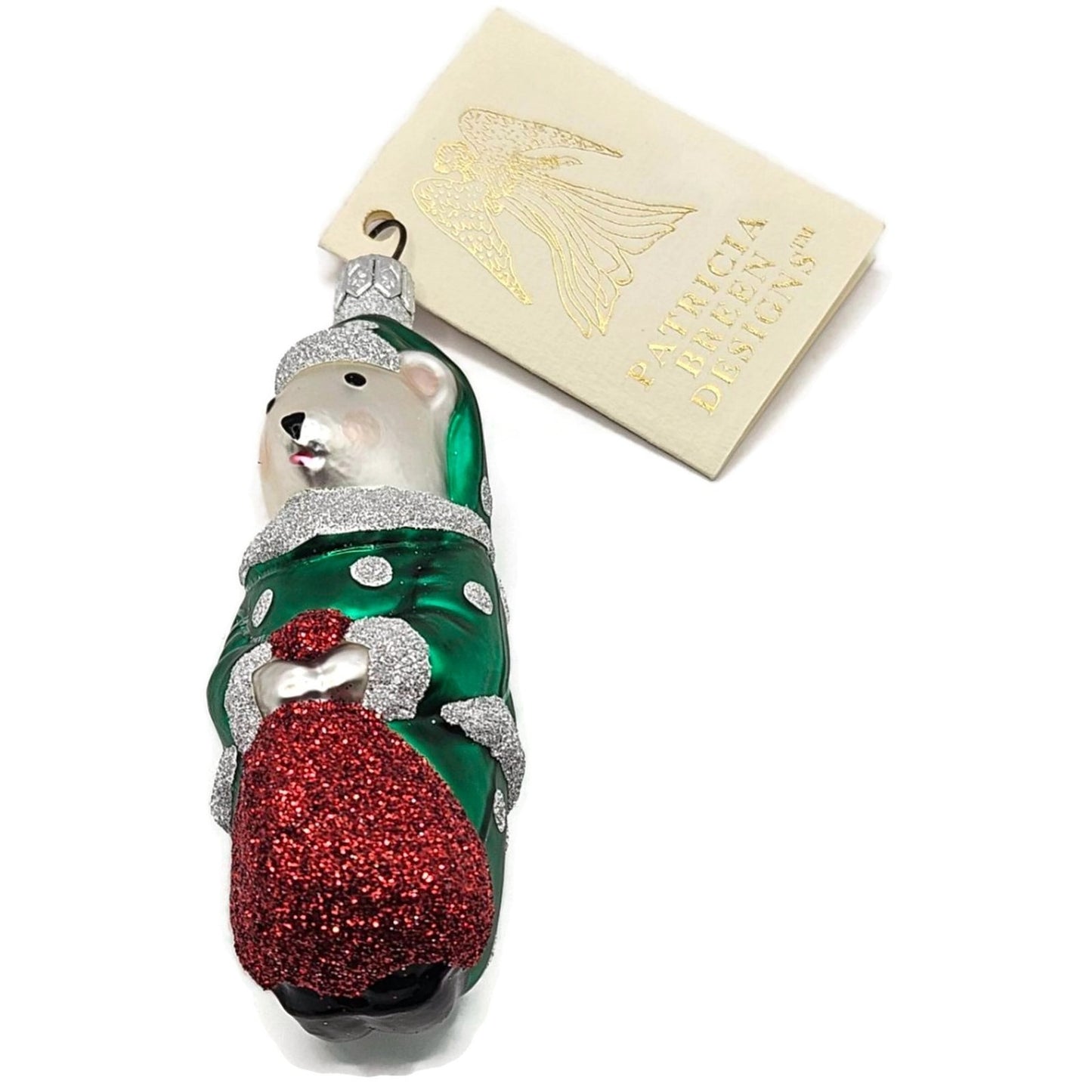Patricia Breen Festive Mouse Green Silver Dots Glass Christmas Tree Ornament