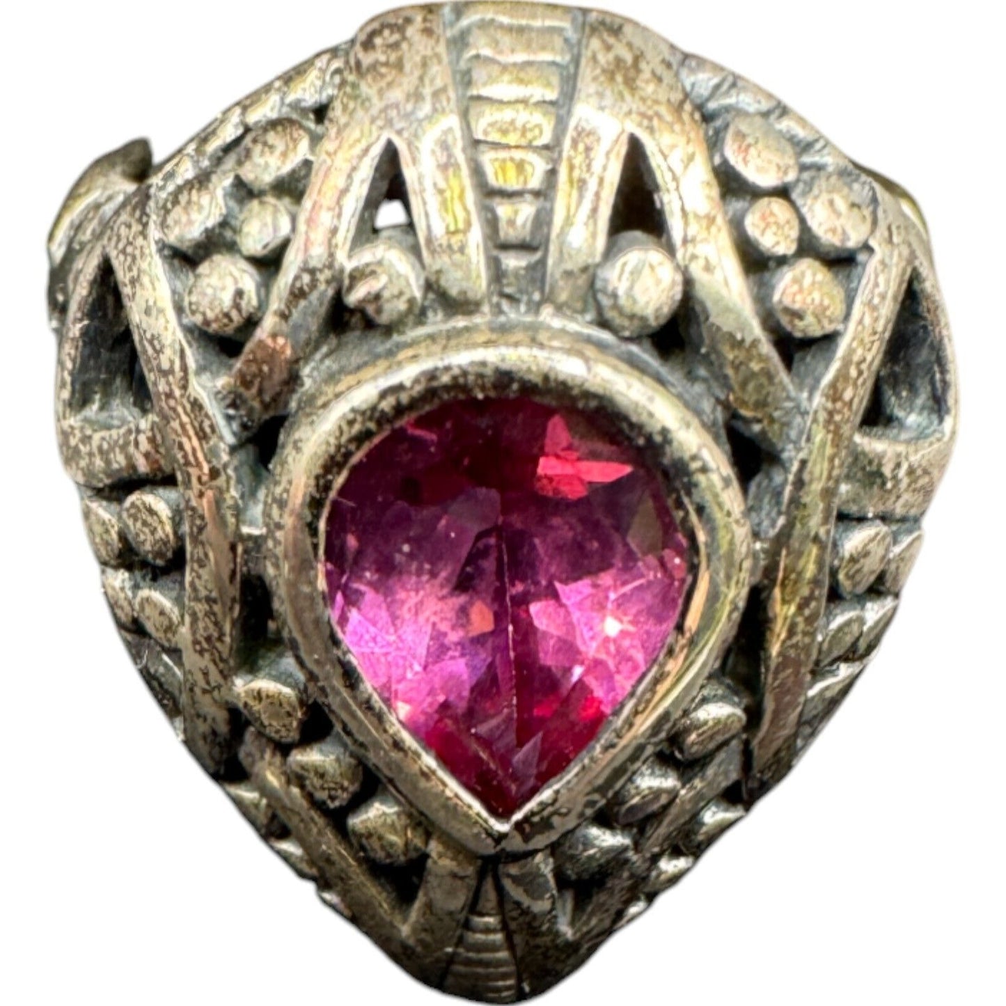 925 Sterling Silver Filigree Genuine Pink Topaz Gemstone Teardrop Ring 7 3/4