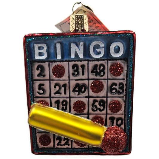 Bingo Card Gold Stamp Red Glittered Tip Old World Christmas Tree Ornament OWC