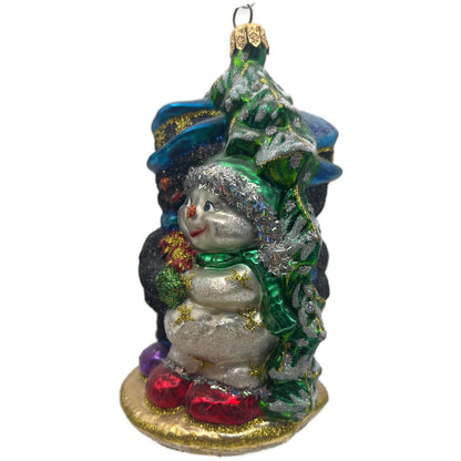 Larry Fraga Chillin White Black Snowman Glitter Glass Christmas Tree Ornament