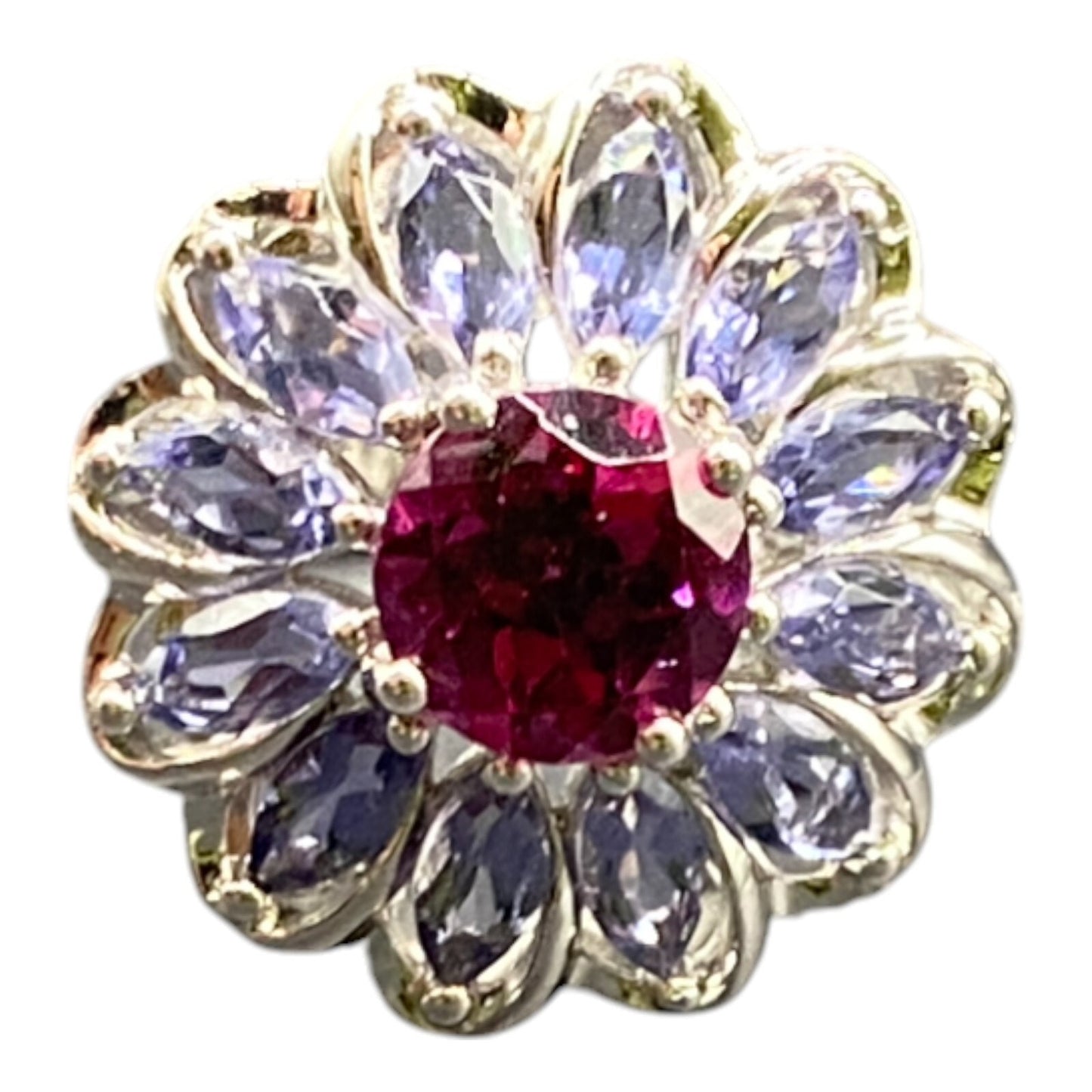 925 Sterling Silver Prong Set Blue Purple Gemstone Flower Cocktail Ring Size 8