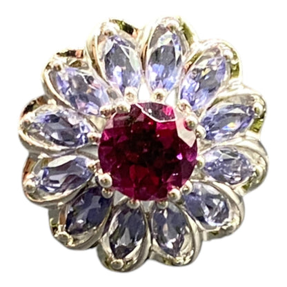 925 Sterling Silver Prong Set Blue Purple Gemstone Flower Cocktail Ring Size 8