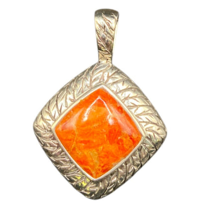 Natural Spiny Oyster Pendant Orange Polished Shell Sterling Silver Diamond Shape