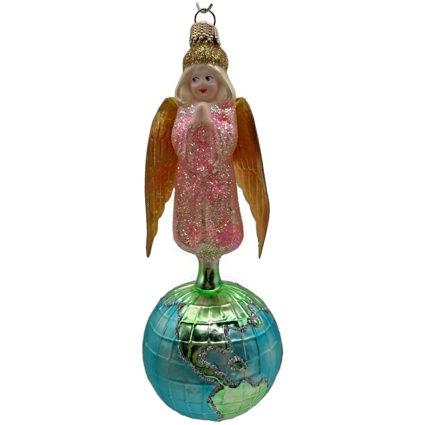 Larry Fraga Angel Of World Peace Gold Wings Glitter Glass Christmas Ornament