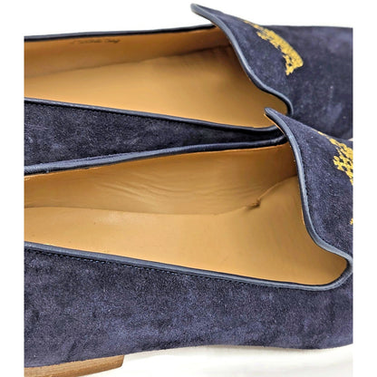 Churchs Flora 2 Dark Blue Suede Loafers Rare Crown Embroidered Luxury Shoes