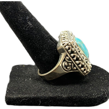 Cocktail Ring Size 8.5 Turquoise 925 Sterling Silver Filigree Rectangle Gemstone