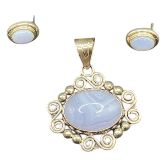 Blue Lace Agate Pendant Stud Earrings Set Marbled Stone 925 Sterling Silver CII