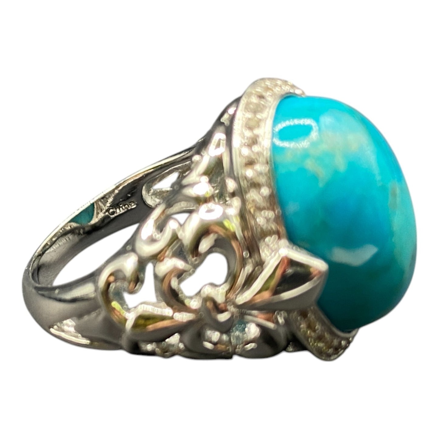 JS 925 Sterling Silver Ring Oval Cabochon Turquoise Gemstone Cocktail Size 8