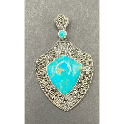 Turquoise Pendant Marcasite Ornament Sterling Silver Thailand Stamped