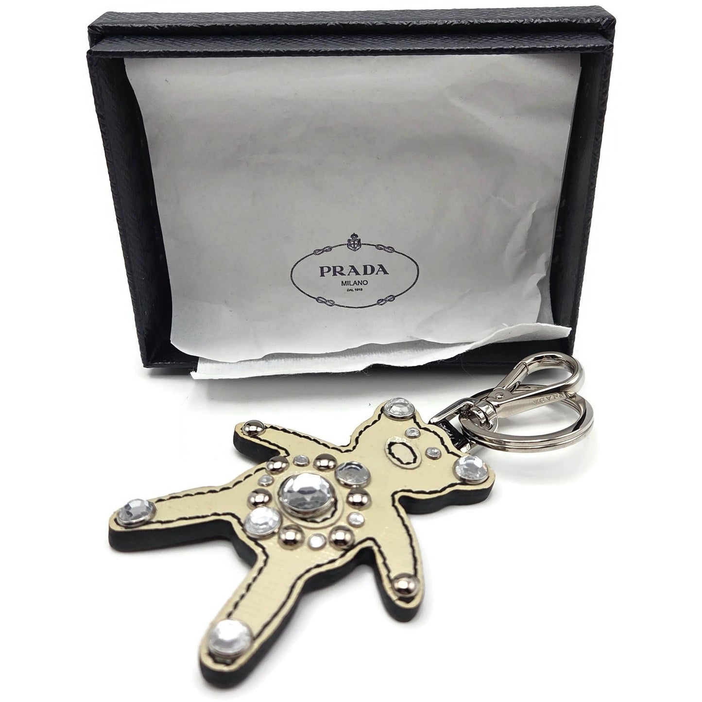 Prada Teddy Bear Keychain Purse Charm Beige Black Saffiano Leather with Crystals