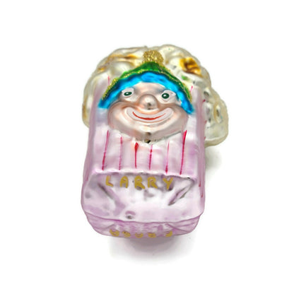 Larry Fraga Popcorn Box Blown Glass Circus Clown Movie Glitter Striped Ornament