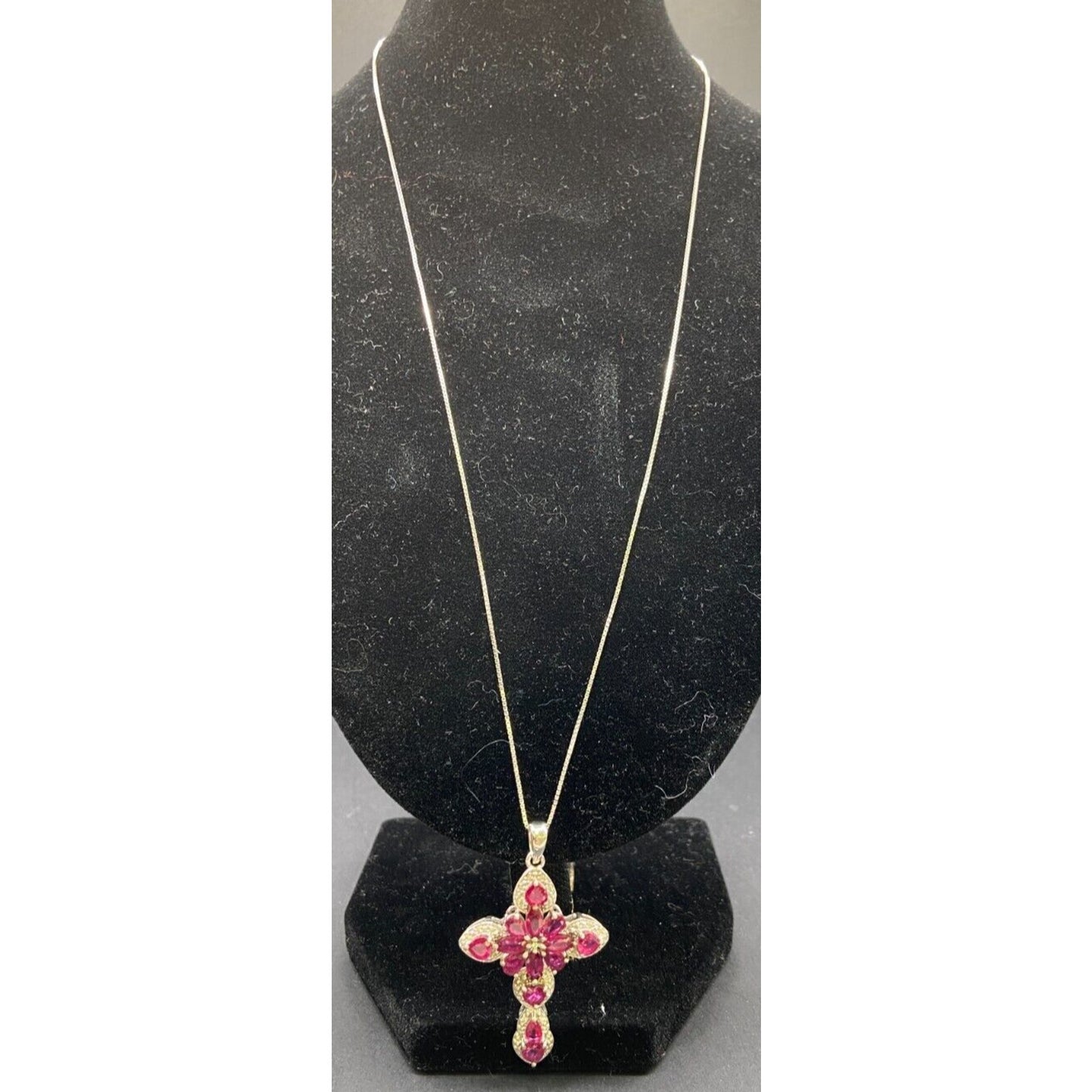 Red Mahaleo Ruby Rhodium Cross Pendant 925 Sterling Box Chain Necklace