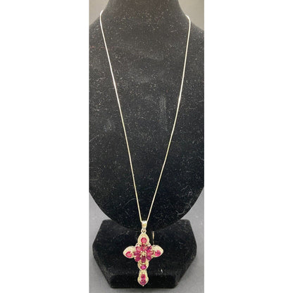 Red Mahaleo Ruby Rhodium Cross Pendant 925 Sterling Box Chain Necklace
