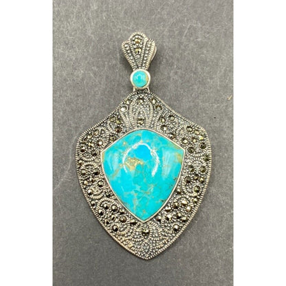 Turquoise Pendant Marcasite Ornament Sterling Silver Thailand Stamped