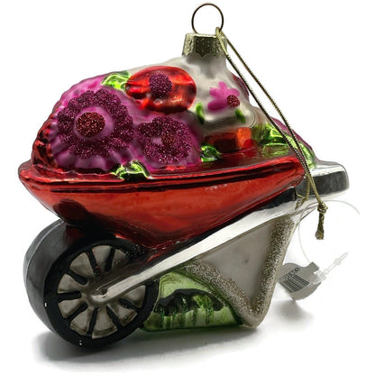 Ornament Floral Wheelbarrow Garden Flowers Blown Glass Christmas Holiday Tree