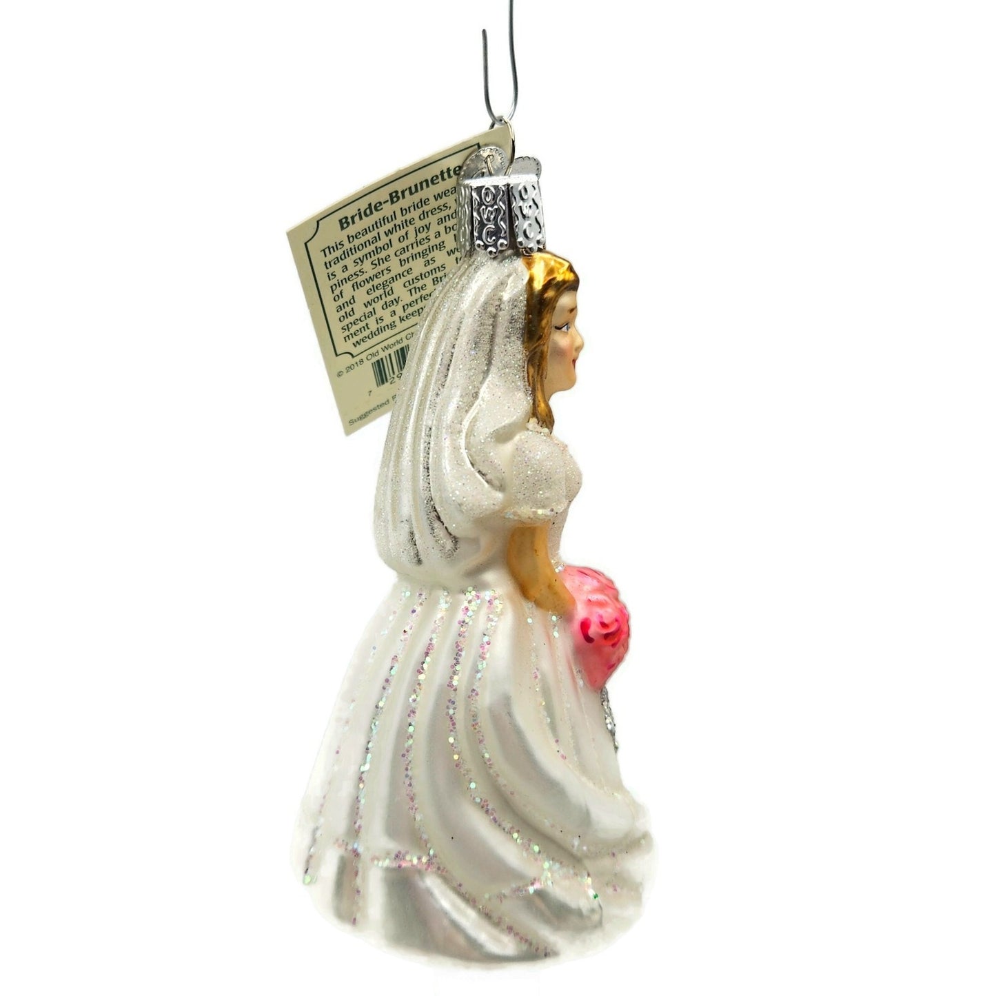 Old World Christmas Bride Brunette White Dress Pink Bouquet Christmas Ornament