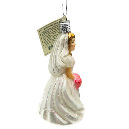 Old World Christmas Bride Brunette White Dress Pink Bouquet Christmas Ornament