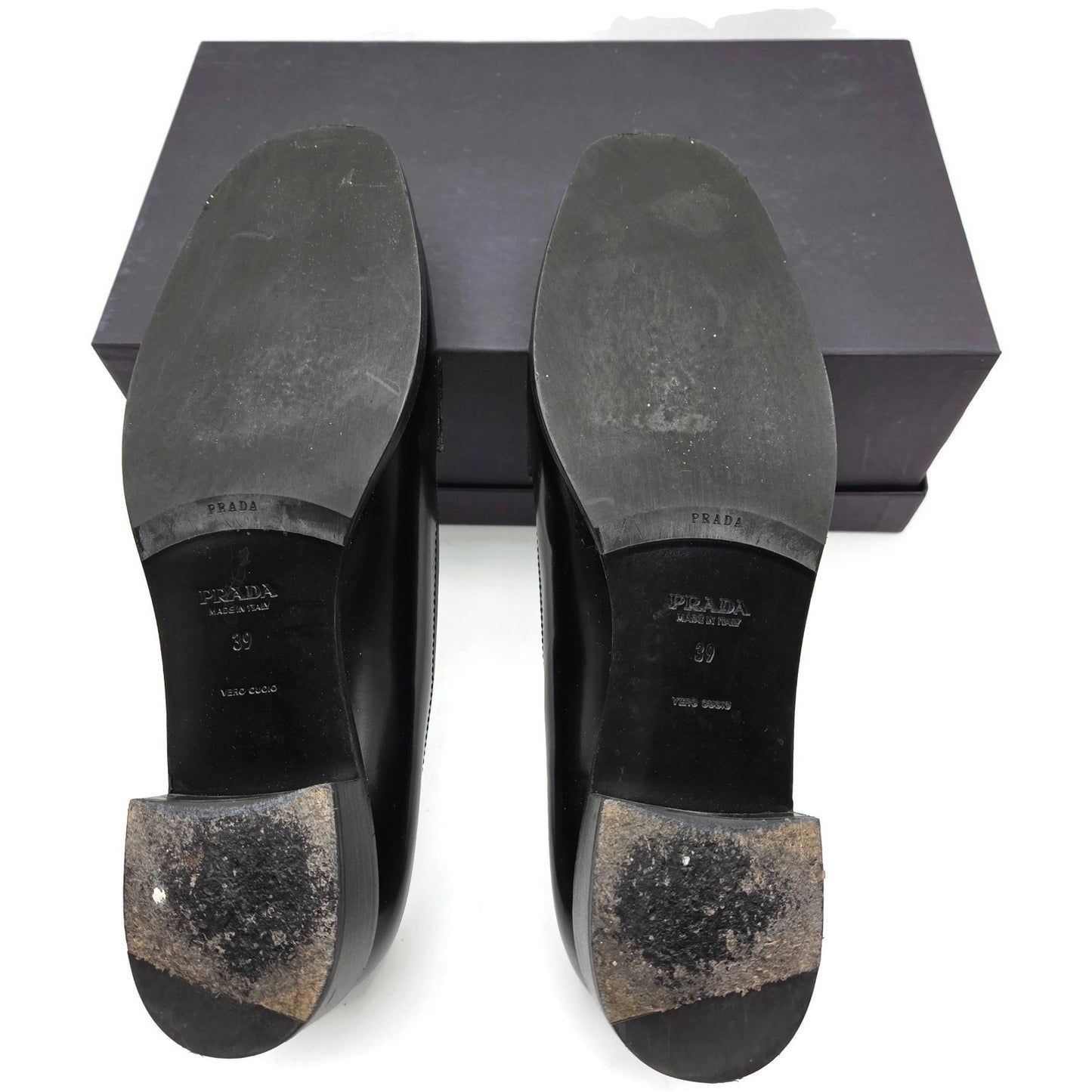 Prada Black Leather Loafer 1D9558 Gold Studs Flats Square Toe Womens Size EU 39